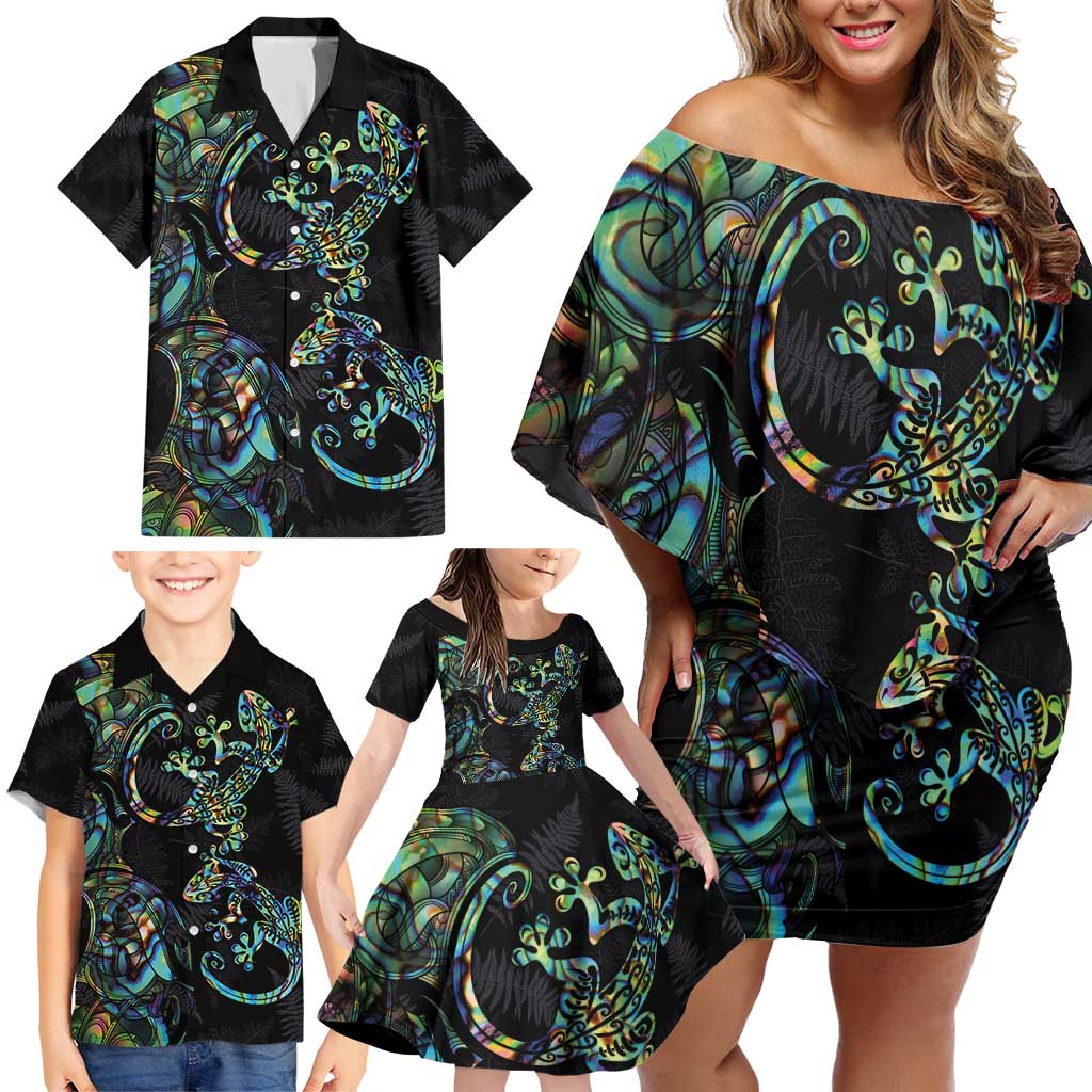 New Zealand Gecko Maori Art Tattoo Family Matching Off Shoulder Short Dress and Hawaiian Shirt Silver Fern and Paua Shell Mode LT03 - Polynesian Pride