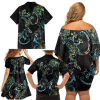 New Zealand Gecko Maori Art Tattoo Family Matching Off Shoulder Short Dress and Hawaiian Shirt Silver Fern and Paua Shell Mode LT03 - Polynesian Pride