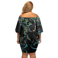 New Zealand Gecko Maori Art Tattoo Family Matching Off Shoulder Short Dress and Hawaiian Shirt Silver Fern and Paua Shell Mode LT03 - Polynesian Pride