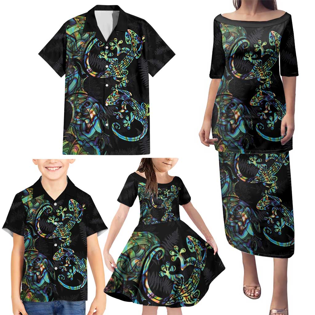 New Zealand Gecko Maori Art Tattoo Family Matching Puletasi and Hawaiian Shirt Silver Fern and Paua Shell Mode LT03 - Polynesian Pride