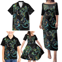 New Zealand Gecko Maori Art Tattoo Family Matching Puletasi and Hawaiian Shirt Silver Fern and Paua Shell Mode LT03 - Polynesian Pride