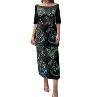 New Zealand Gecko Maori Art Tattoo Family Matching Puletasi and Hawaiian Shirt Silver Fern and Paua Shell Mode LT03 Mom's Dress Black - Polynesian Pride