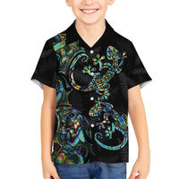 New Zealand Gecko Maori Art Tattoo Family Matching Puletasi and Hawaiian Shirt Silver Fern and Paua Shell Mode LT03 Son's Shirt Black - Polynesian Pride