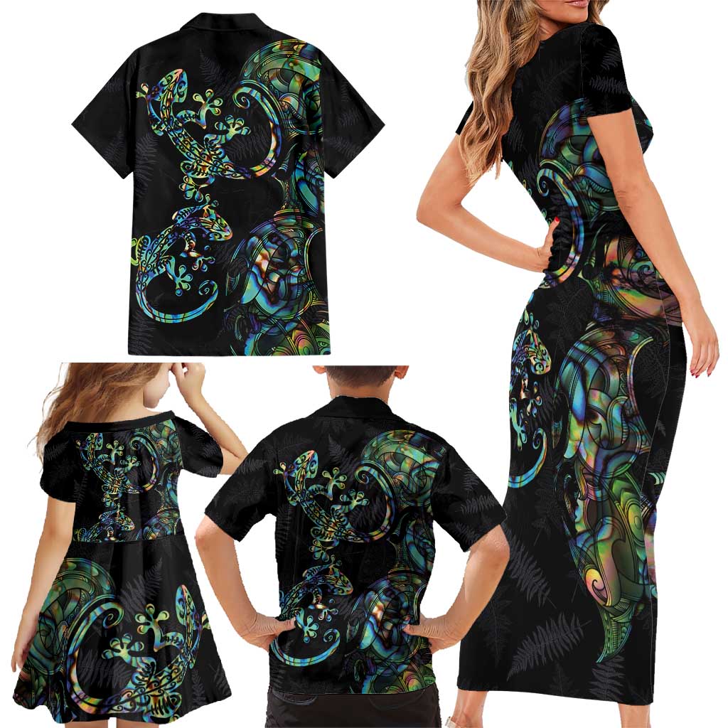 New Zealand Gecko Maori Art Tattoo Family Matching Short Sleeve Bodycon Dress and Hawaiian Shirt Silver Fern and Paua Shell Mode LT03 - Polynesian Pride