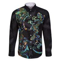 New Zealand Gecko Maori Art Tattoo Family Matching Short Sleeve Bodycon Dress and Hawaiian Shirt Silver Fern and Paua Shell Mode LT03 Dad's Shirt - Long Sleeve Black - Polynesian Pride