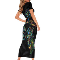 New Zealand Gecko Maori Art Tattoo Family Matching Short Sleeve Bodycon Dress and Hawaiian Shirt Silver Fern and Paua Shell Mode LT03 - Polynesian Pride