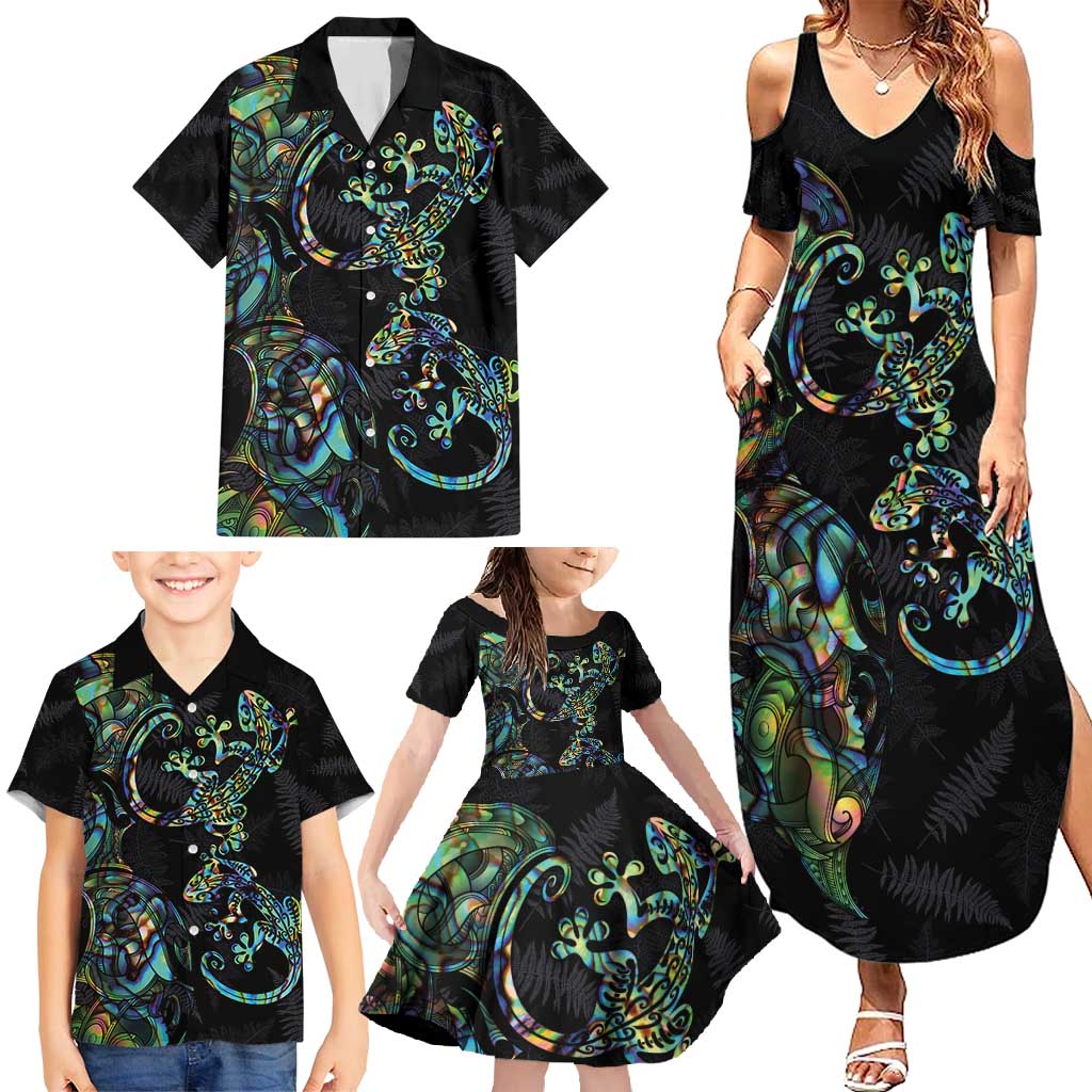 New Zealand Gecko Maori Art Tattoo Family Matching Summer Maxi Dress and Hawaiian Shirt Silver Fern and Paua Shell Mode LT03 - Polynesian Pride