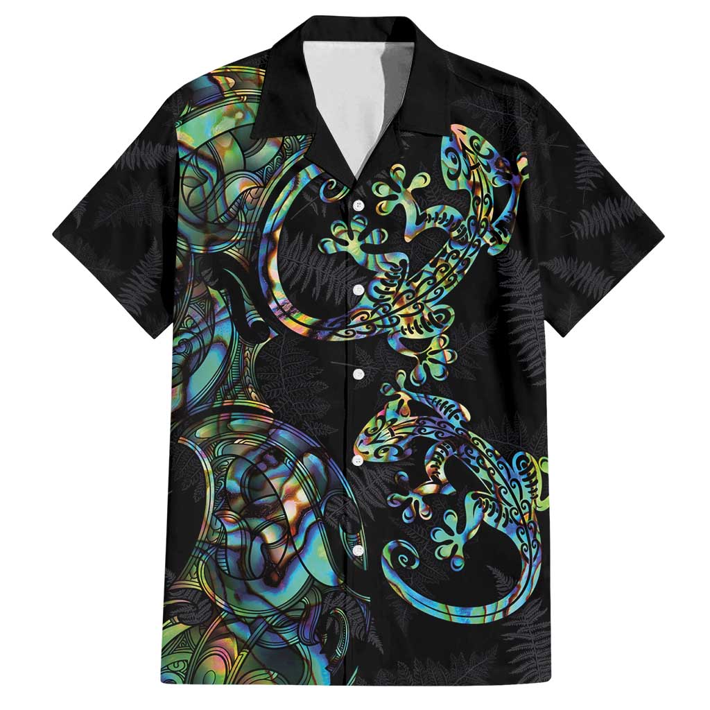 New Zealand Gecko Maori Art Tattoo Family Matching Summer Maxi Dress and Hawaiian Shirt Silver Fern and Paua Shell Mode LT03 Dad's Shirt - Short Sleeve Black - Polynesian Pride