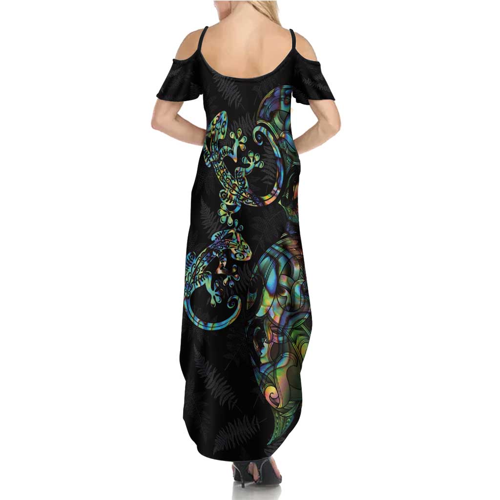 New Zealand Gecko Maori Art Tattoo Family Matching Summer Maxi Dress and Hawaiian Shirt Silver Fern and Paua Shell Mode LT03 - Polynesian Pride