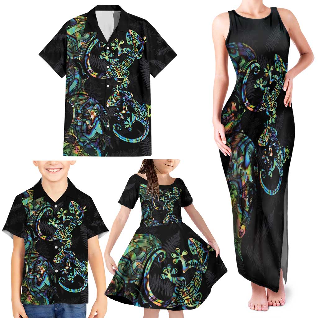New Zealand Gecko Maori Art Tattoo Family Matching Tank Maxi Dress and Hawaiian Shirt Silver Fern and Paua Shell Mode LT03 - Polynesian Pride