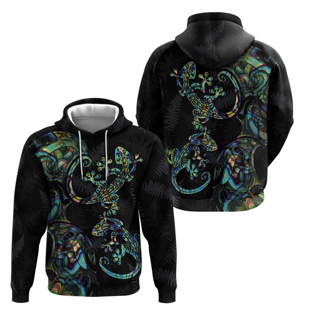 New Zealand Gecko Maori Art Tattoo Hoodie Silver Fern and Paua Shell Mode