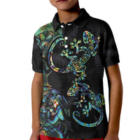 New Zealand Gecko Maori Art Tattoo Kid Polo Shirt Silver Fern and Paua Shell Mode