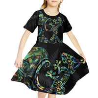 New Zealand Gecko Maori Art Tattoo Kid Short Sleeve Dress Silver Fern and Paua Shell Mode LT03 - Polynesian Pride