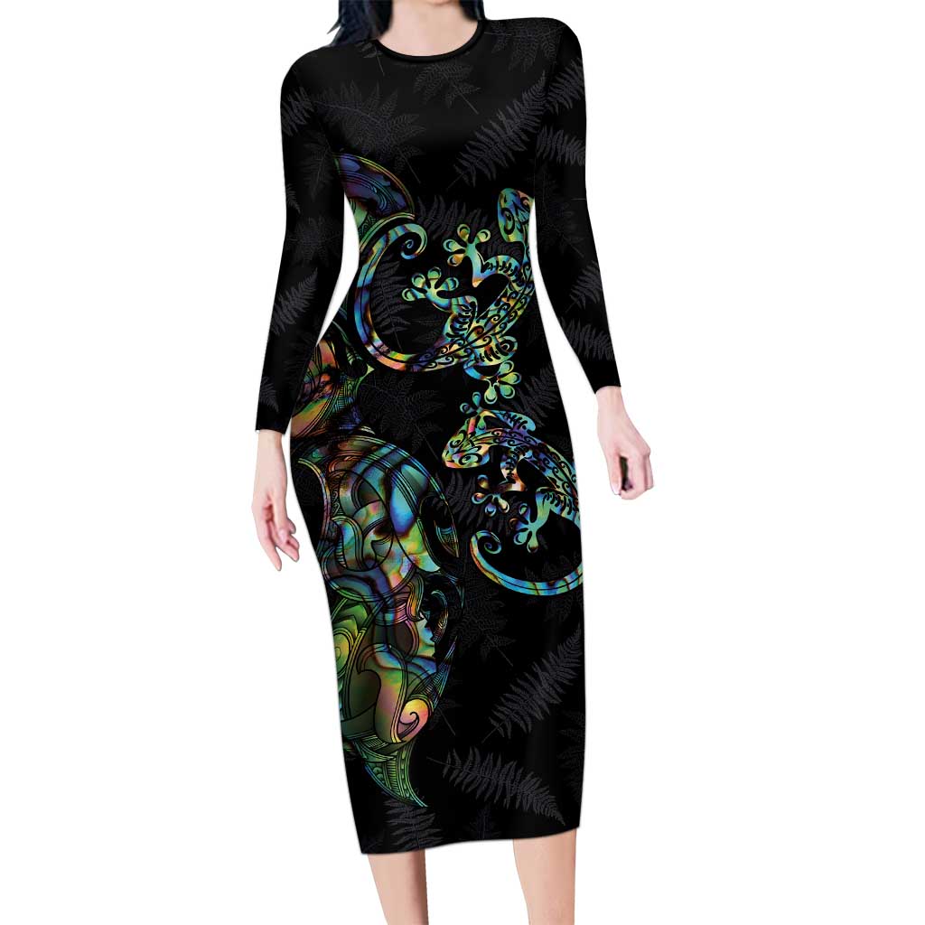 New Zealand Gecko Maori Art Tattoo Long Sleeve Bodycon Dress Silver Fern and Paua Shell Mode LT03 Long Dress Black - Polynesian Pride