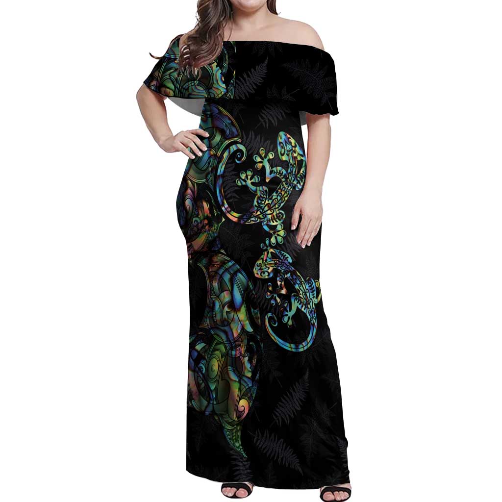 New Zealand Gecko Maori Art Tattoo Off Shoulder Maxi Dress Silver Fern and Paua Shell Mode
