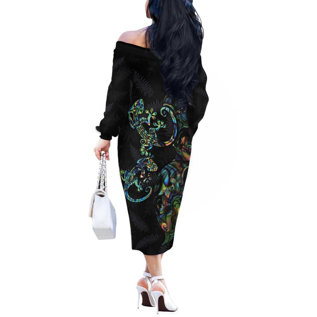 New Zealand Gecko Maori Art Tattoo Off The Shoulder Long Sleeve Dress Silver Fern and Paua Shell Mode LT03 - Polynesian Pride