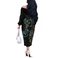 New Zealand Gecko Maori Art Tattoo Off The Shoulder Long Sleeve Dress Silver Fern and Paua Shell Mode LT03 - Polynesian Pride