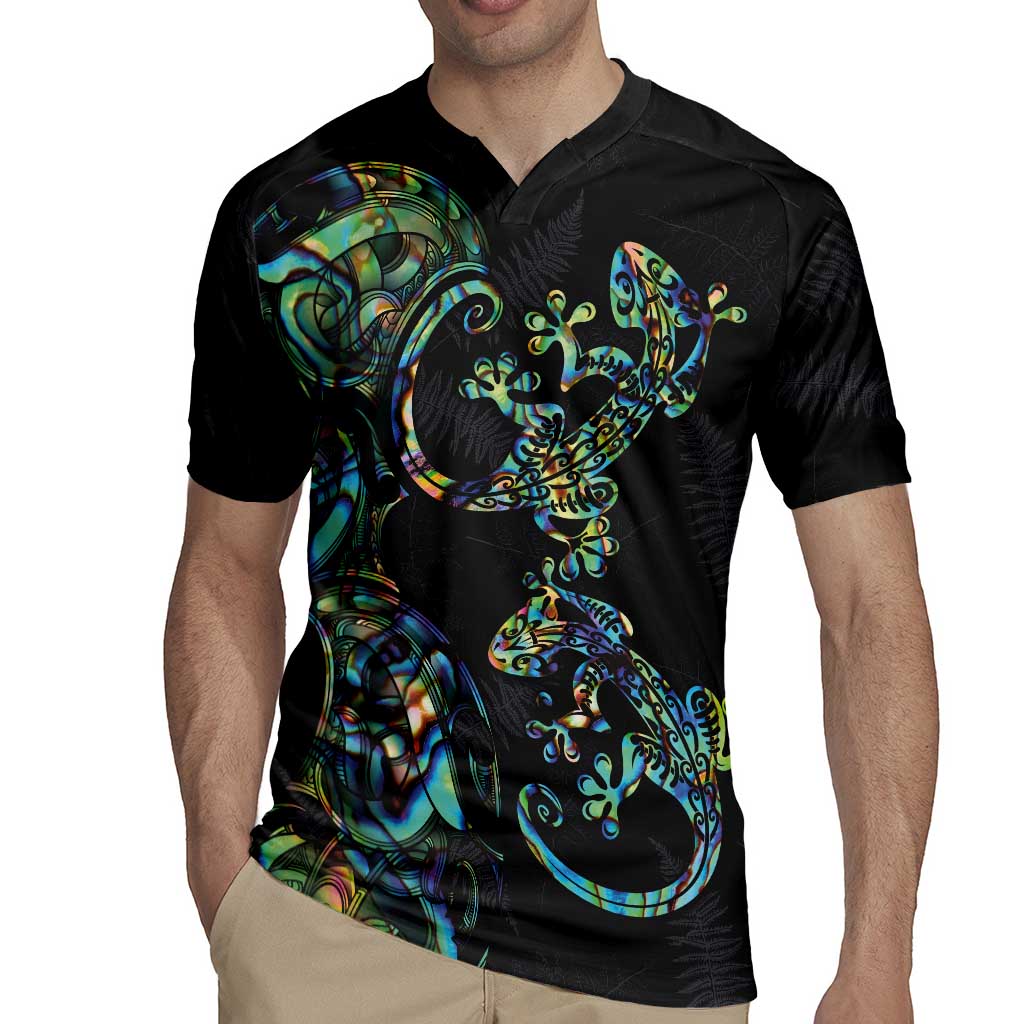 New Zealand Gecko Maori Art Tattoo Rugby Jersey Silver Fern and Paua Shell Mode