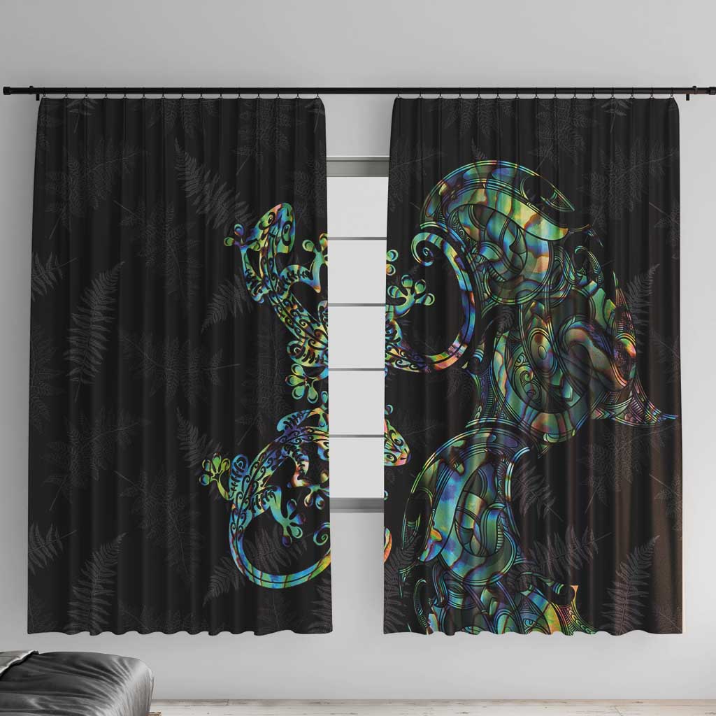 New Zealand Gecko Maori Art Tattoo Window Curtain Silver Fern and Paua Shell Mode LT03 With Hooks Black - Polynesian Pride