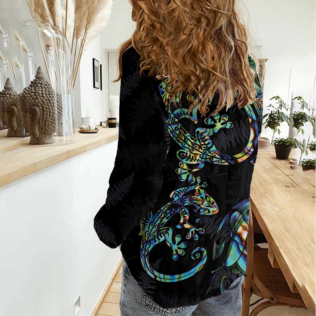 New Zealand Gecko Maori Art Tattoo Women Casual Shirt Silver Fern and Paua Shell Mode LT03 - Polynesian Pride