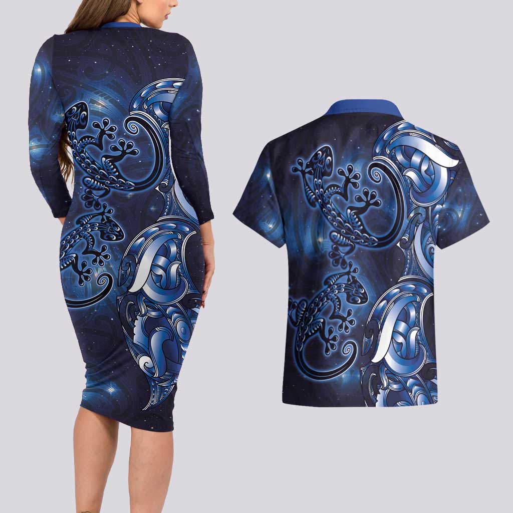 New Zealand Gecko Maori Art Tattoo Couples Matching Long Sleeve Bodycon Dress and Hawaiian Shirt Matariki Mode LT03 - Polynesian Pride