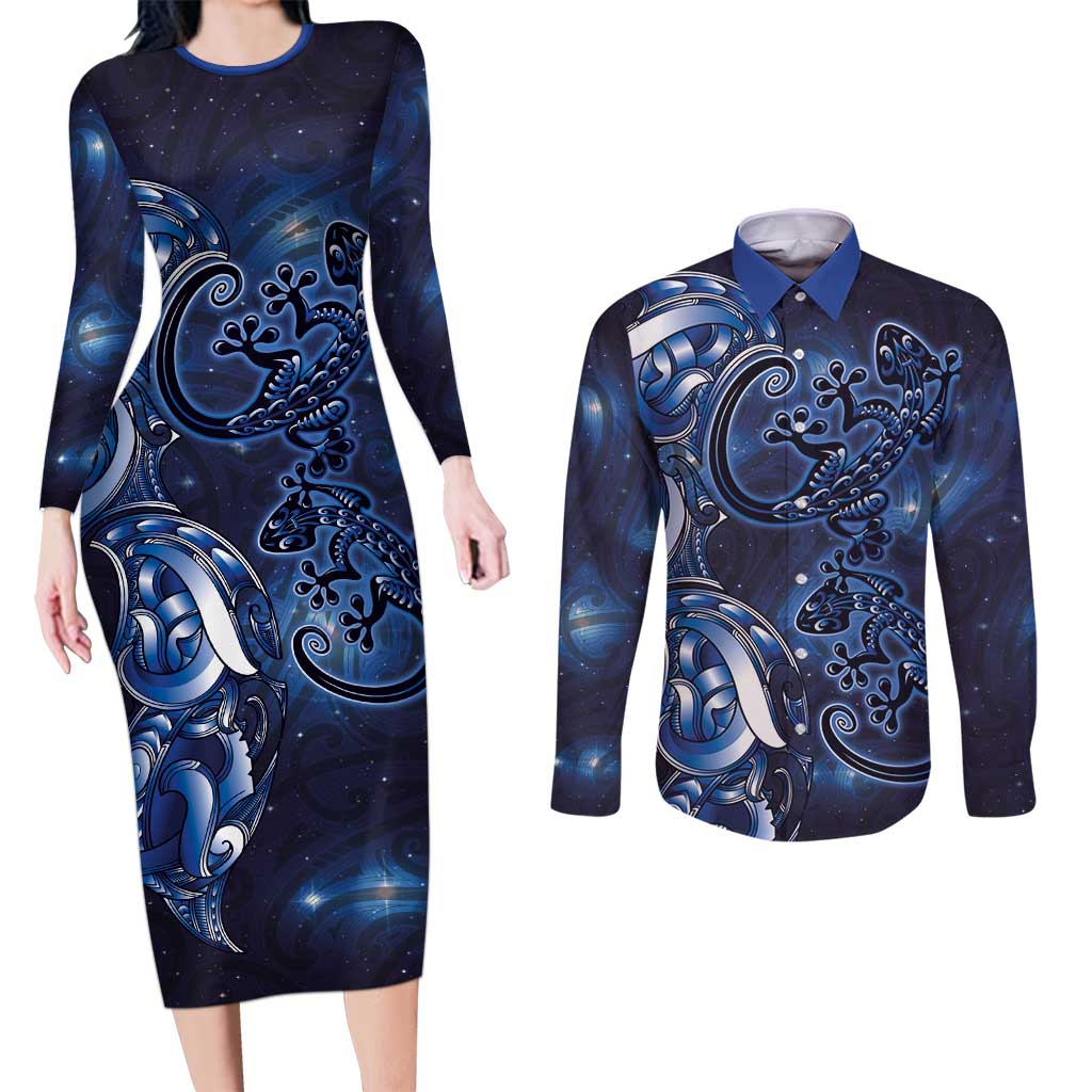 New Zealand Gecko Maori Art Tattoo Couples Matching Long Sleeve Bodycon Dress and Long Sleeve Button Shirt Matariki Mode LT03 Blue - Polynesian Pride