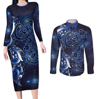 New Zealand Gecko Maori Art Tattoo Couples Matching Long Sleeve Bodycon Dress and Long Sleeve Button Shirt Matariki Mode LT03 Blue - Polynesian Pride