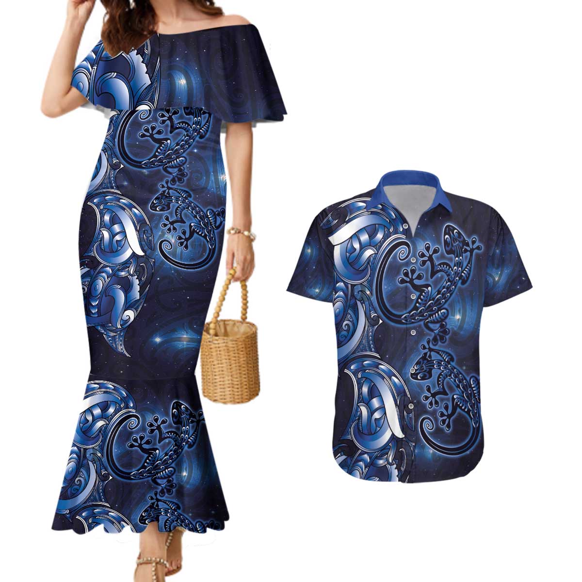 New Zealand Gecko Maori Art Tattoo Couples Matching Mermaid Dress and Hawaiian Shirt Matariki Mode LT03 Blue - Polynesian Pride