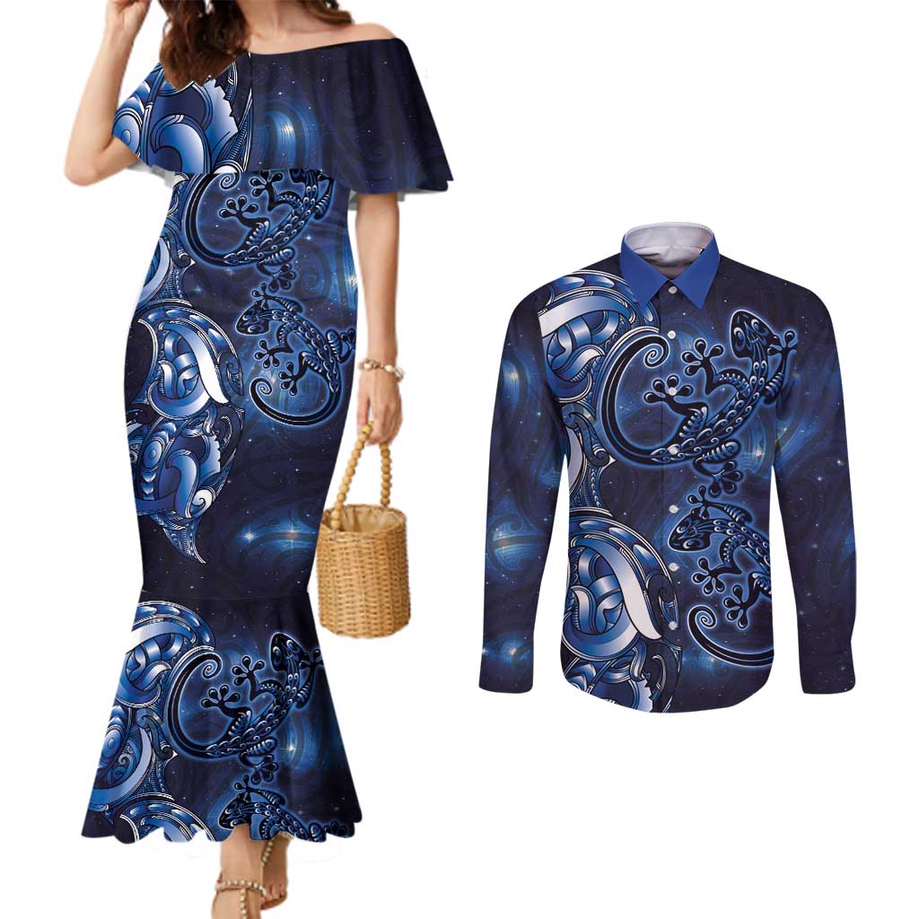 New Zealand Gecko Maori Art Tattoo Couples Matching Mermaid Dress and Long Sleeve Button Shirt Matariki Mode