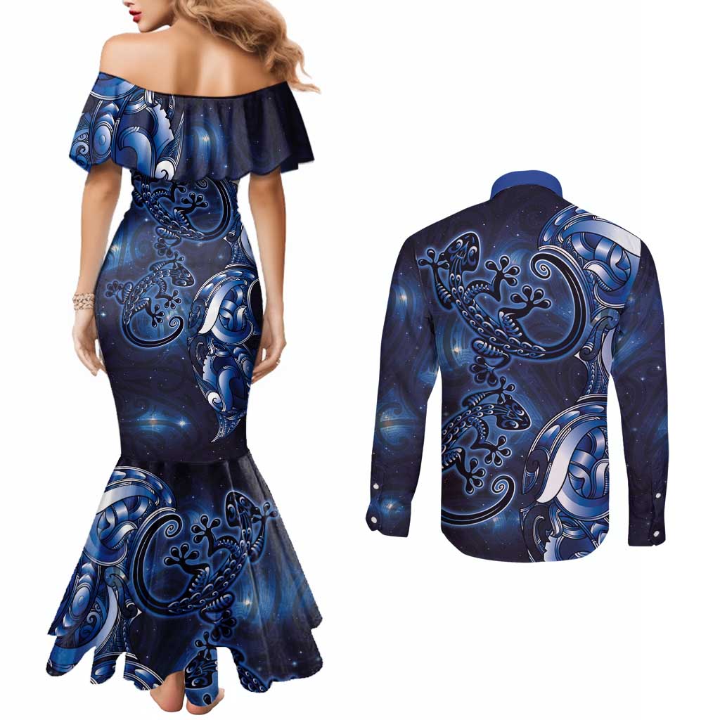 New Zealand Gecko Maori Art Tattoo Couples Matching Mermaid Dress and Long Sleeve Button Shirt Matariki Mode LT03 - Polynesian Pride