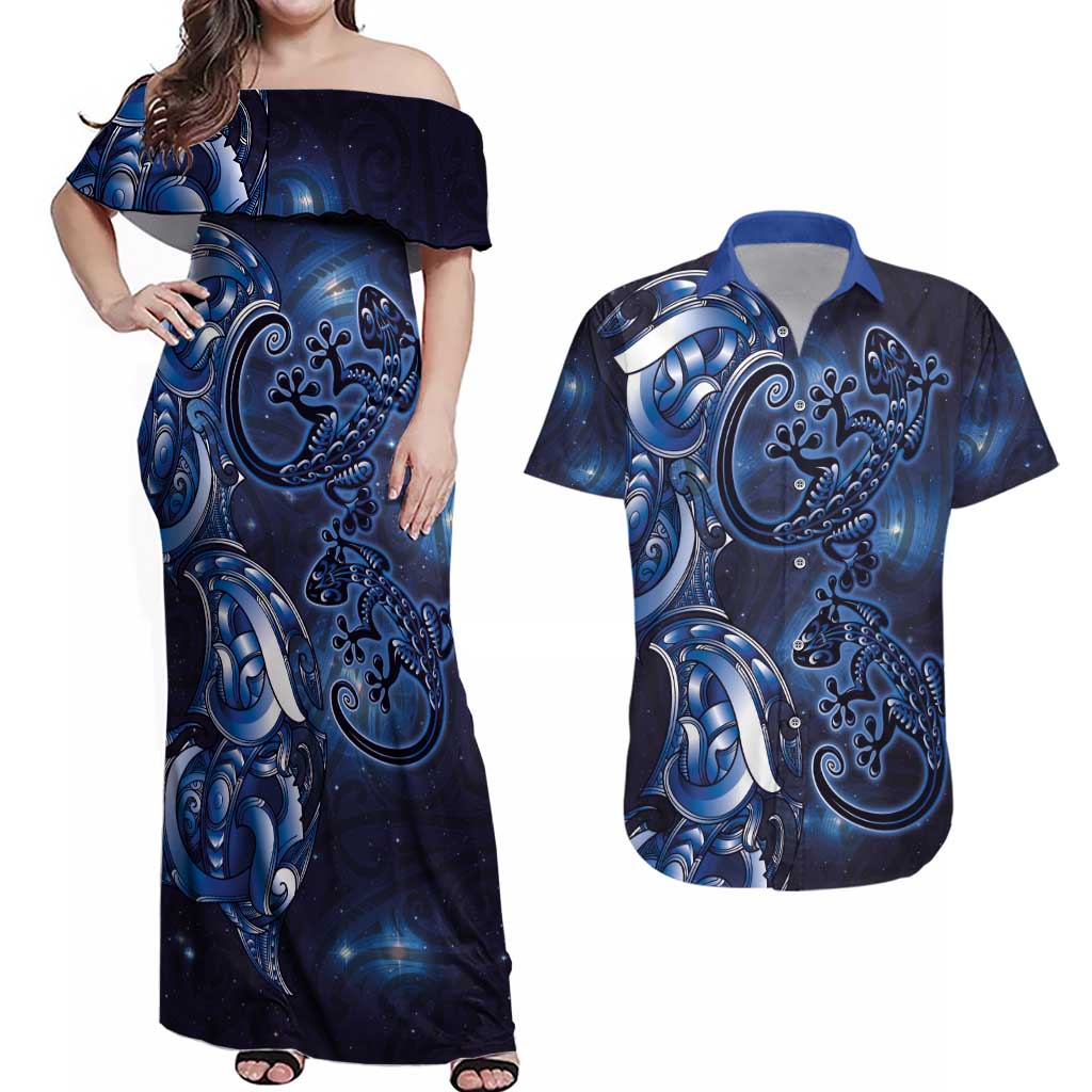 New Zealand Gecko Maori Art Tattoo Couples Matching Off Shoulder Maxi Dress and Hawaiian Shirt Matariki Mode LT03 Blue - Polynesian Pride