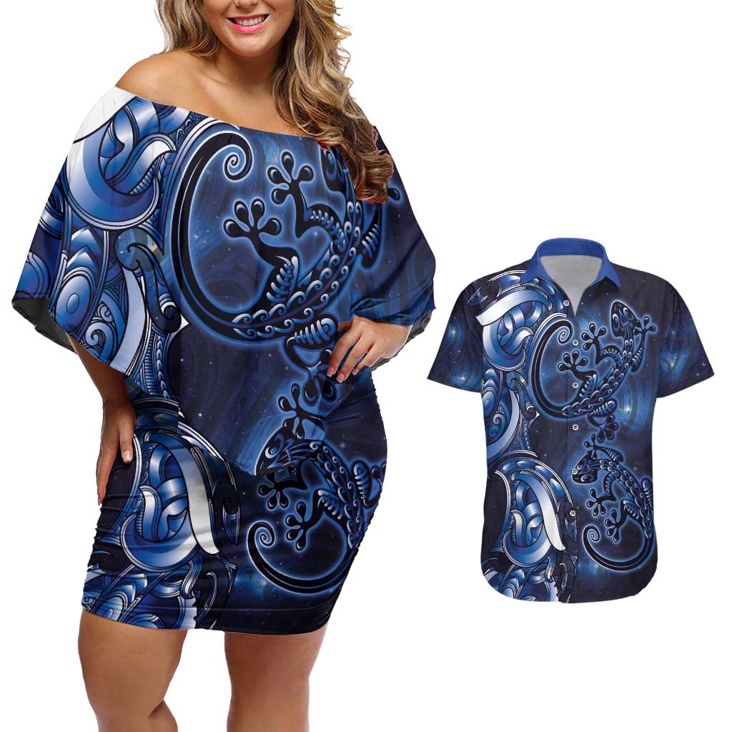 New Zealand Gecko Maori Art Tattoo Couples Matching Off Shoulder Short Dress and Hawaiian Shirt Matariki Mode LT03 Blue - Polynesian Pride