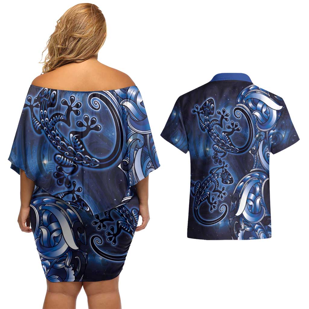 New Zealand Gecko Maori Art Tattoo Couples Matching Off Shoulder Short Dress and Hawaiian Shirt Matariki Mode LT03 - Polynesian Pride