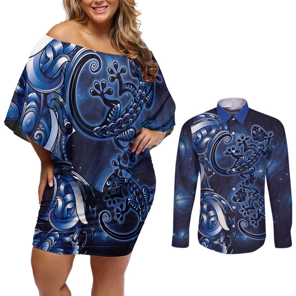 New Zealand Gecko Maori Art Tattoo Couples Matching Off Shoulder Short Dress and Long Sleeve Button Shirt Matariki Mode