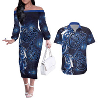 New Zealand Gecko Maori Art Tattoo Couples Matching Off The Shoulder Long Sleeve Dress and Hawaiian Shirt Matariki Mode LT03 Blue - Polynesian Pride
