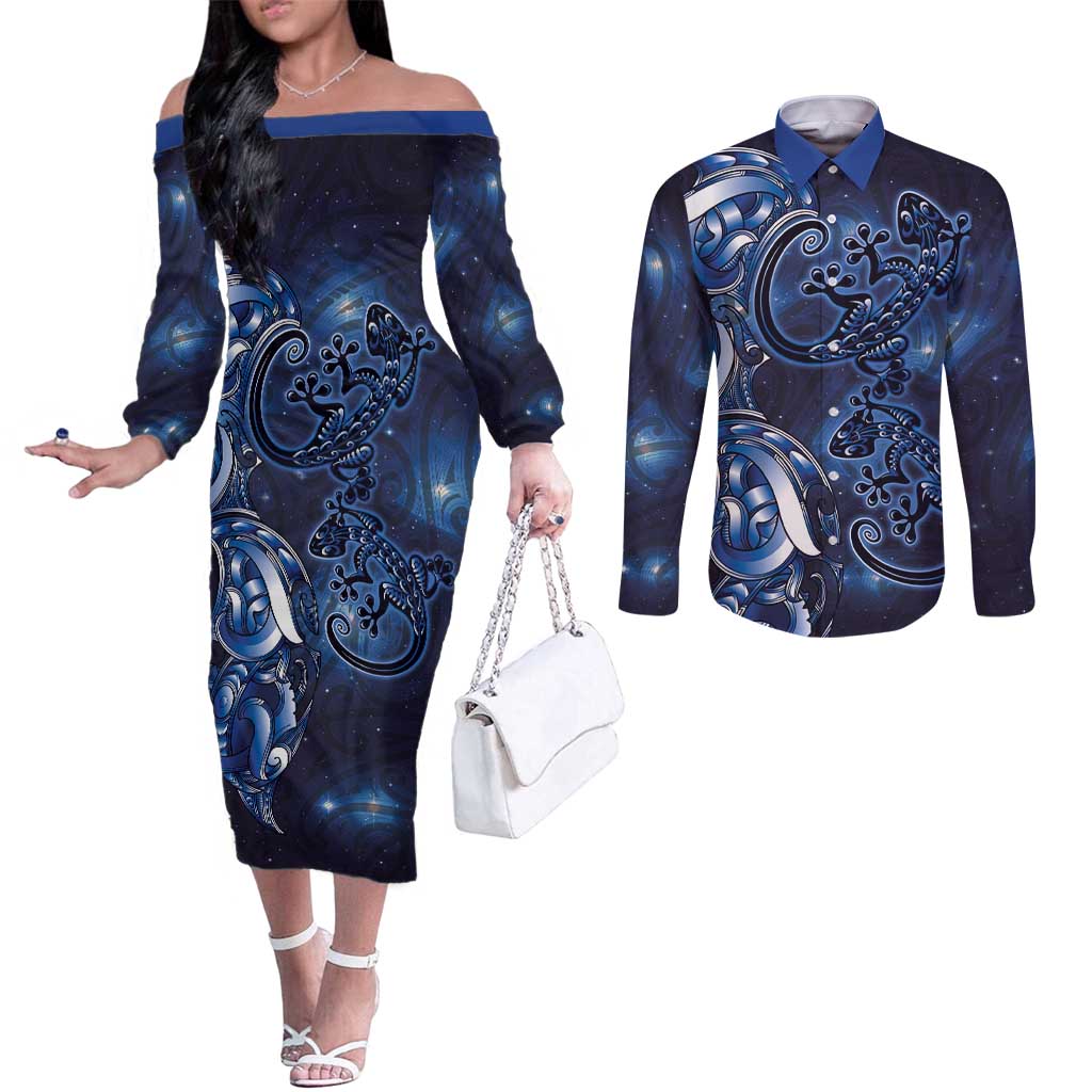 New Zealand Gecko Maori Art Tattoo Couples Matching Off The Shoulder Long Sleeve Dress and Long Sleeve Button Shirt Matariki Mode LT03 Blue - Polynesian Pride