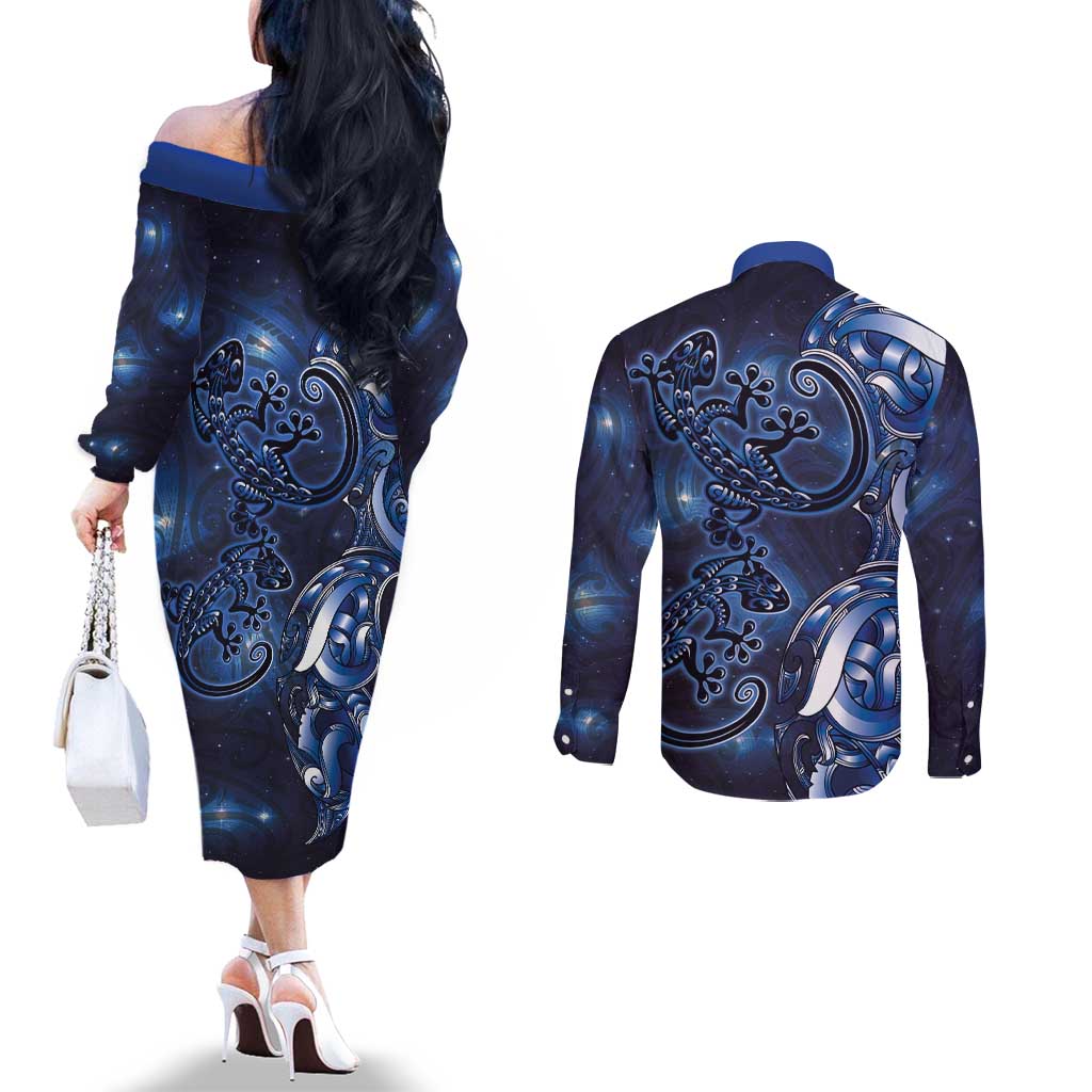 New Zealand Gecko Maori Art Tattoo Couples Matching Off The Shoulder Long Sleeve Dress and Long Sleeve Button Shirt Matariki Mode LT03 - Polynesian Pride