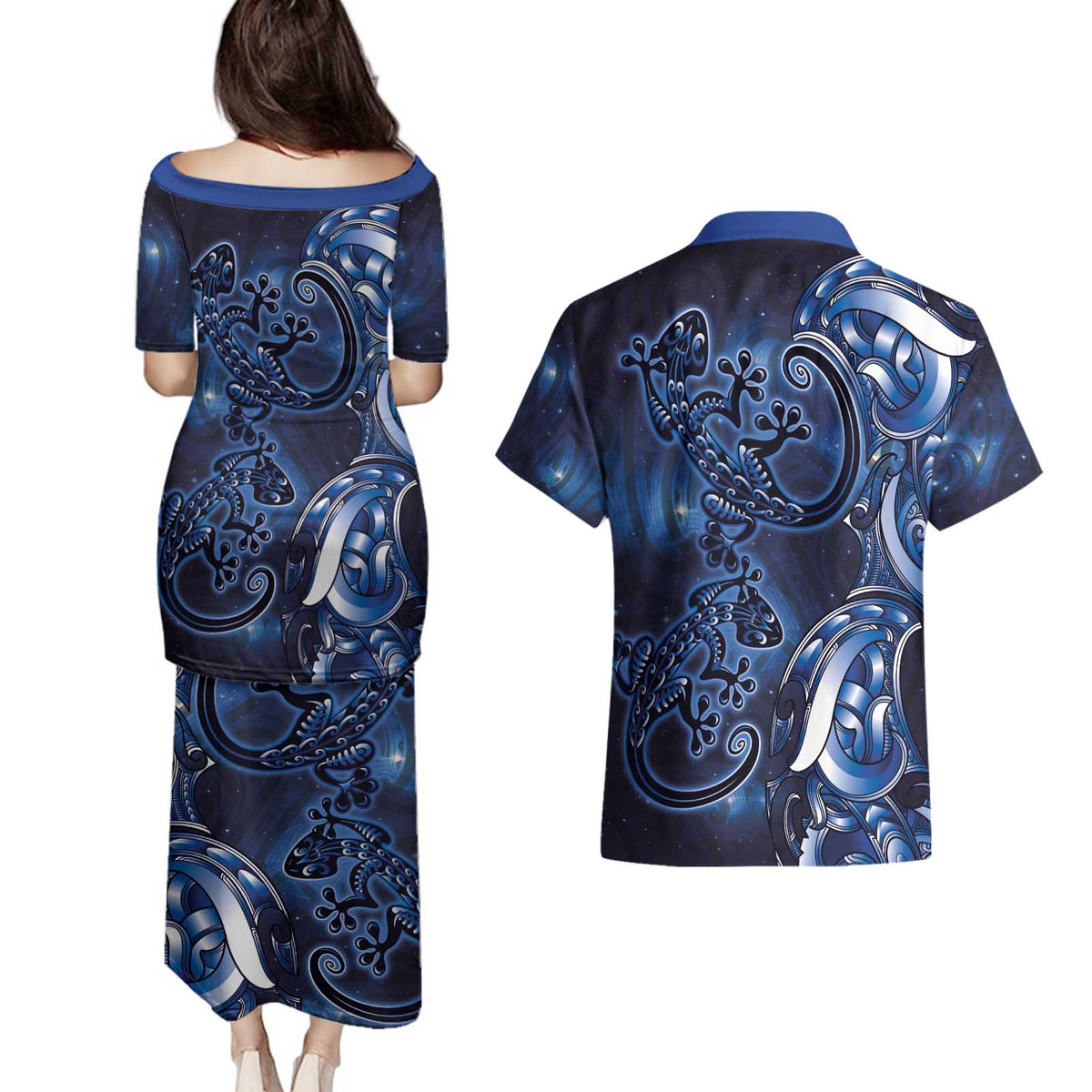 New Zealand Gecko Maori Art Tattoo Couples Matching Puletasi and Hawaiian Shirt Matariki Mode