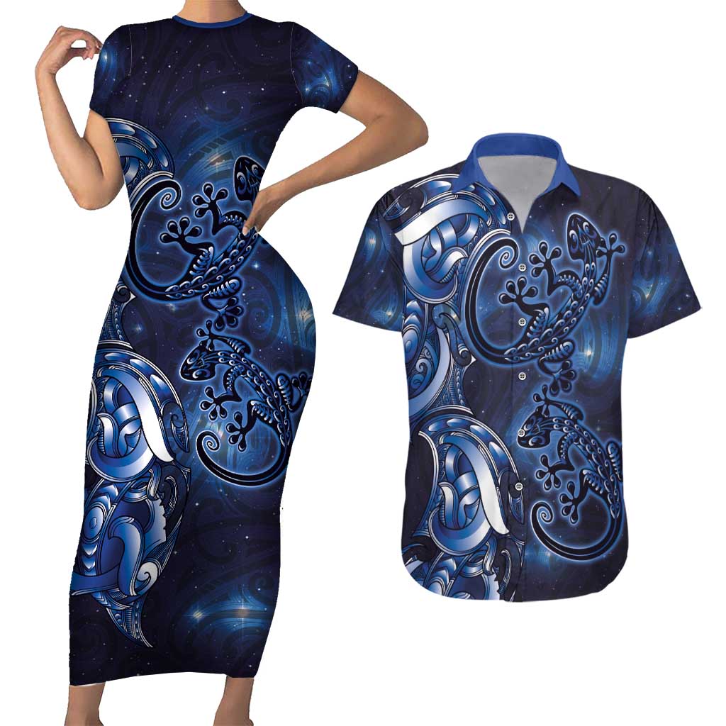 New Zealand Gecko Maori Art Tattoo Couples Matching Short Sleeve Bodycon Dress and Hawaiian Shirt Matariki Mode LT03 Blue - Polynesian Pride