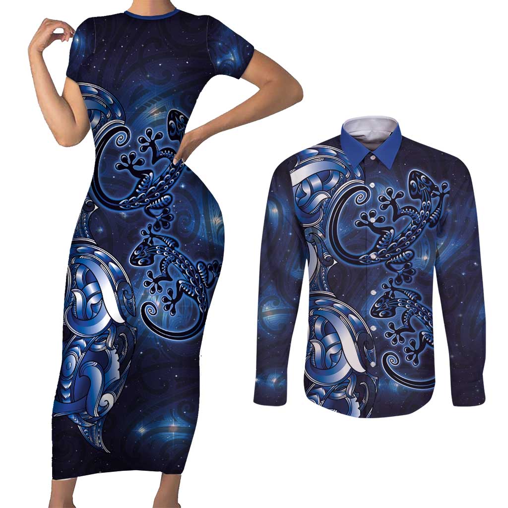 New Zealand Gecko Maori Art Tattoo Couples Matching Short Sleeve Bodycon Dress and Long Sleeve Button Shirt Matariki Mode LT03 Blue - Polynesian Pride
