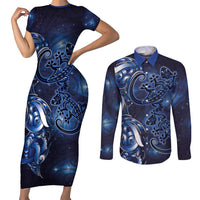 New Zealand Gecko Maori Art Tattoo Couples Matching Short Sleeve Bodycon Dress and Long Sleeve Button Shirt Matariki Mode LT03 Blue - Polynesian Pride
