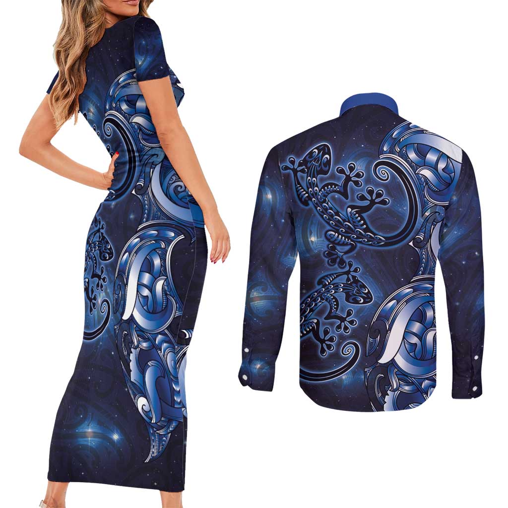 New Zealand Gecko Maori Art Tattoo Couples Matching Short Sleeve Bodycon Dress and Long Sleeve Button Shirt Matariki Mode LT03 - Polynesian Pride