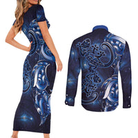 New Zealand Gecko Maori Art Tattoo Couples Matching Short Sleeve Bodycon Dress and Long Sleeve Button Shirt Matariki Mode LT03 - Polynesian Pride