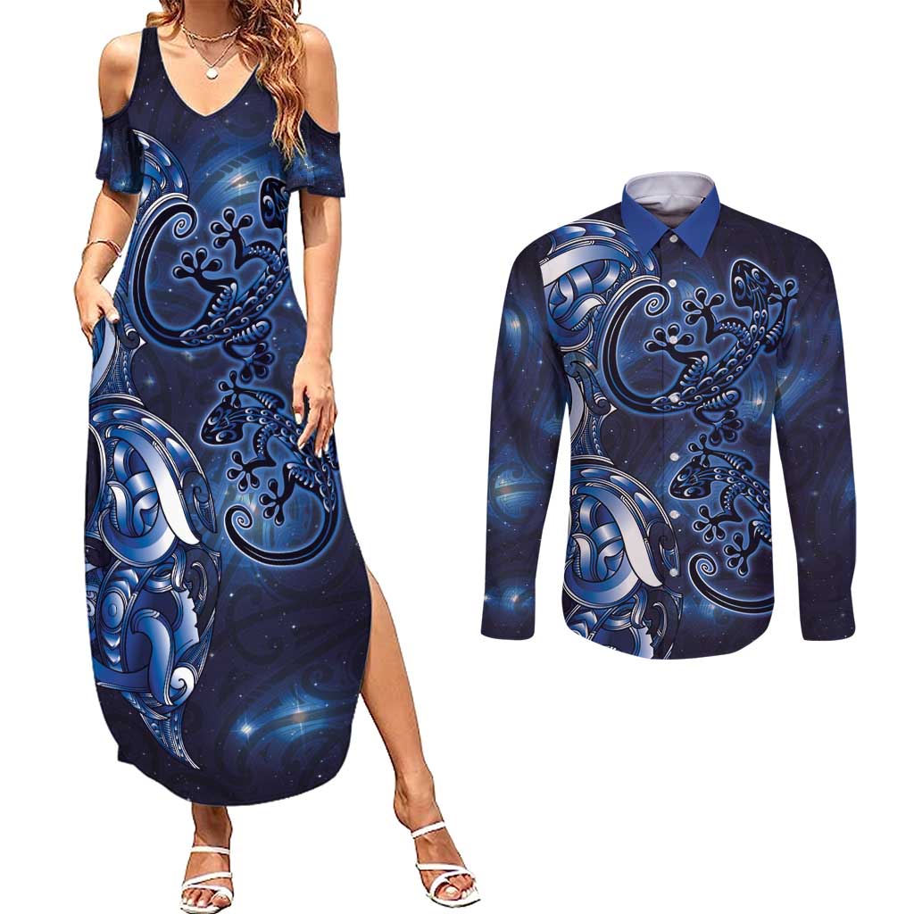New Zealand Gecko Maori Art Tattoo Couples Matching Summer Maxi Dress and Long Sleeve Button Shirt Matariki Mode