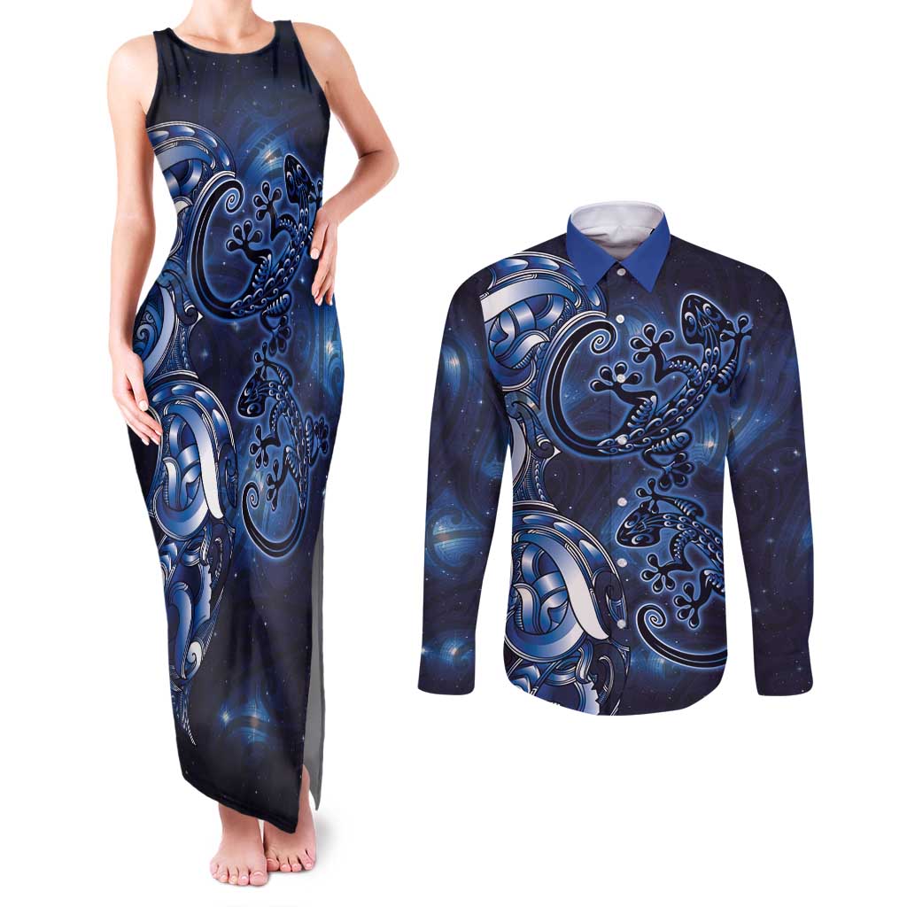 New Zealand Gecko Maori Art Tattoo Couples Matching Tank Maxi Dress and Long Sleeve Button Shirt Matariki Mode LT03 Blue - Polynesian Pride