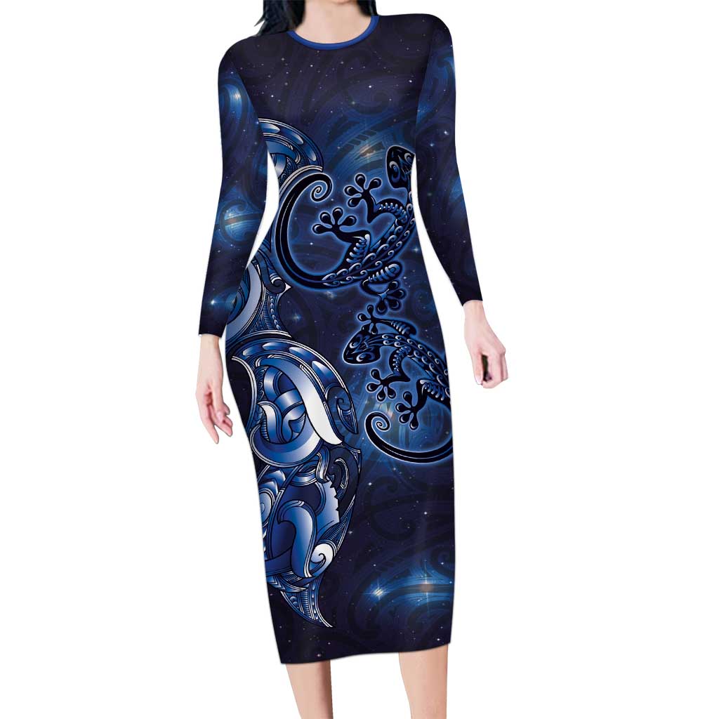 New Zealand Gecko Maori Art Tattoo Family Matching Long Sleeve Bodycon Dress and Hawaiian Shirt Matariki Mode LT03 Mom's Dress Blue - Polynesian Pride
