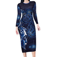 New Zealand Gecko Maori Art Tattoo Family Matching Long Sleeve Bodycon Dress and Hawaiian Shirt Matariki Mode LT03 Mom's Dress Blue - Polynesian Pride