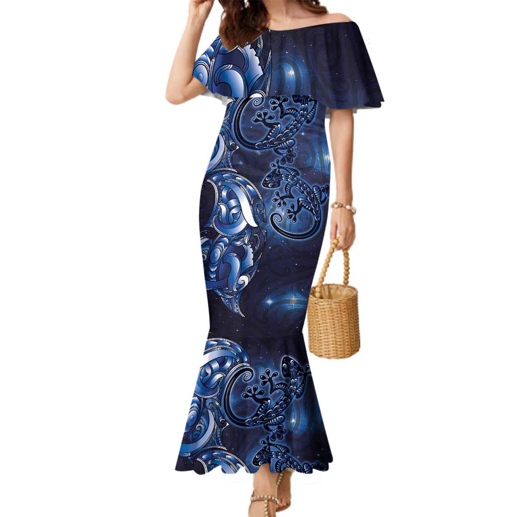 New Zealand Gecko Maori Art Tattoo Family Matching Mermaid Dress and Hawaiian Shirt Matariki Mode LT03 Mom's Dress Blue - Polynesian Pride