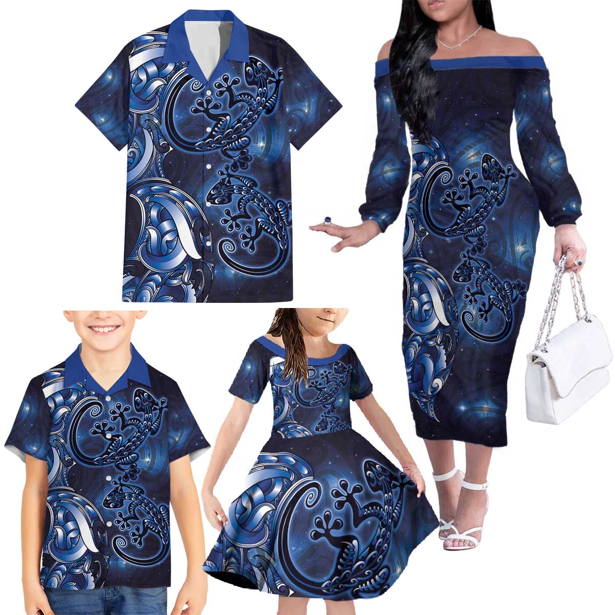 New Zealand Gecko Maori Art Tattoo Family Matching Off The Shoulder Long Sleeve Dress and Hawaiian Shirt Matariki Mode LT03 - Polynesian Pride