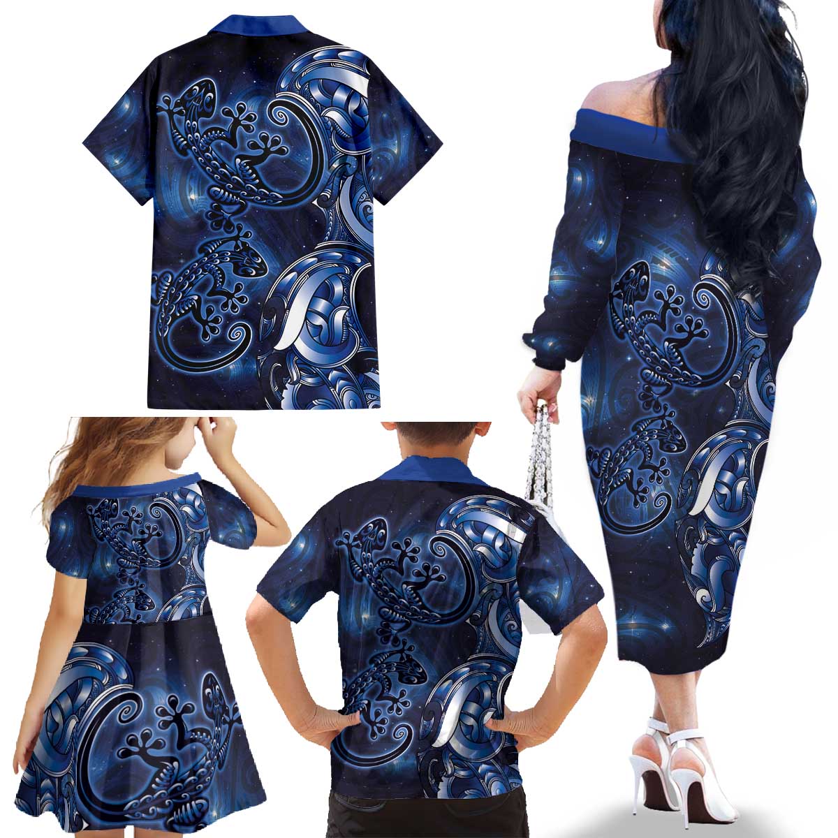 New Zealand Gecko Maori Art Tattoo Family Matching Off The Shoulder Long Sleeve Dress and Hawaiian Shirt Matariki Mode LT03 - Polynesian Pride
